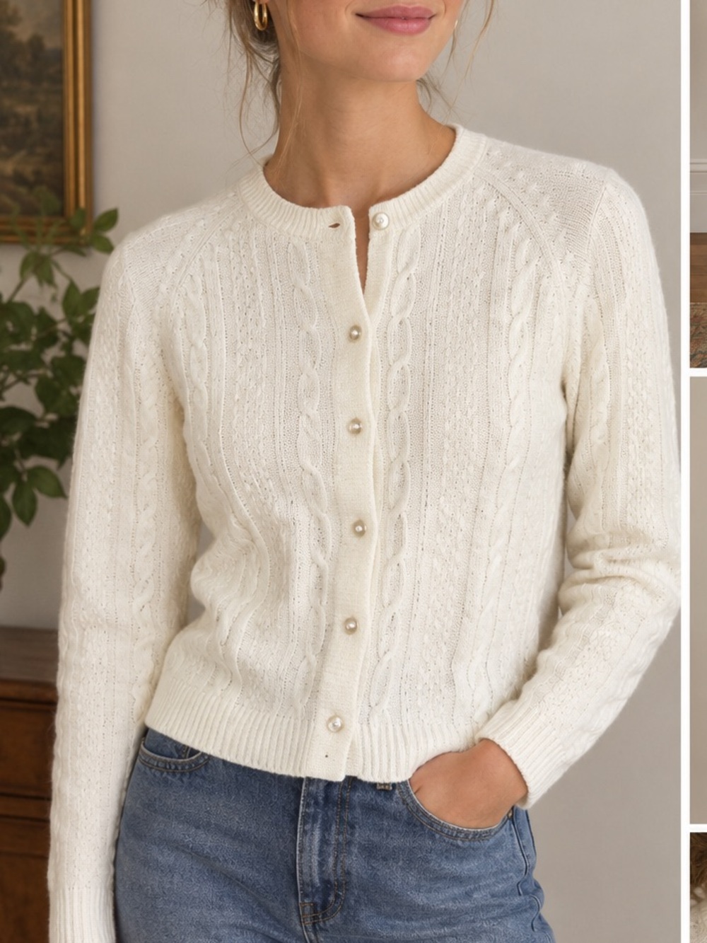Gorgeous 1950’s Vintage Cream Cable Knit Button-Up Sweater